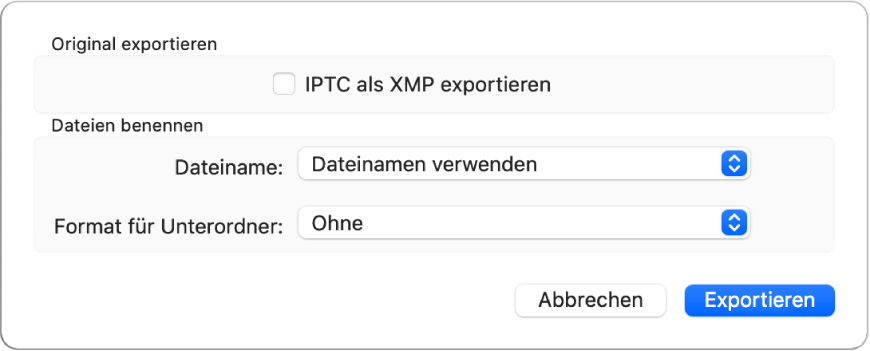 Ein Fenster mit den Optionen zum Exportieren von Fotodateien im jeweiligen Originalformat.