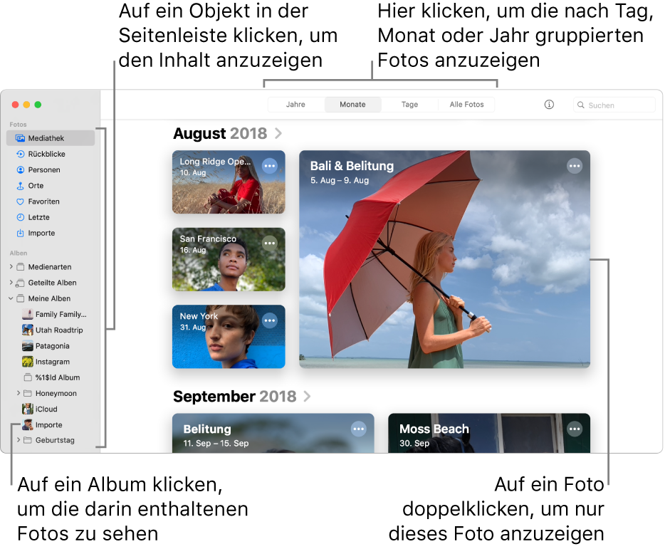 Das Fenster „Fotos“ mit der in der Symbolleiste ausgewählten Option „Monate“; im Hauptbereich des Fensters werden die nach Monat sortierten Fotos angezeigt. Links befindet sich die Seitenleiste, wo Alben und Projekte ausgewählt werden können.