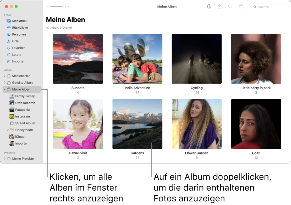 Das Fenster „Fotos“ mit ausgewähltem Ordner „Meine Alben“ in der Seitenleiste und den von dir erstellten Alben auf der rechten Fensterseite