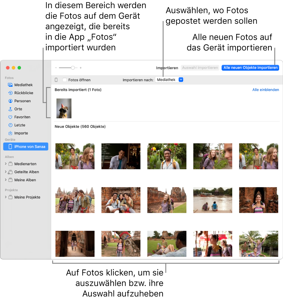 Fotos auf dem gerät, die bereits importiert wurden, werden oben im Bereich angezeigt, neue Fotos werden unten angezeigt. Oben in der Mitte befindet sich das Einblendmenü „Importieren nach“. Die Taste „Alle neuen Objekte importieren“ befindet sich oben rechts.