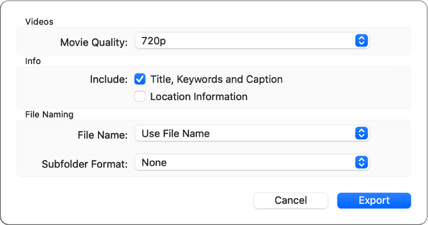 A dialogue showing options for exporting videos.