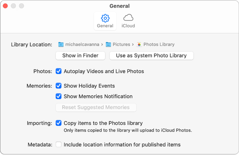 The General pane of Photos preferences.