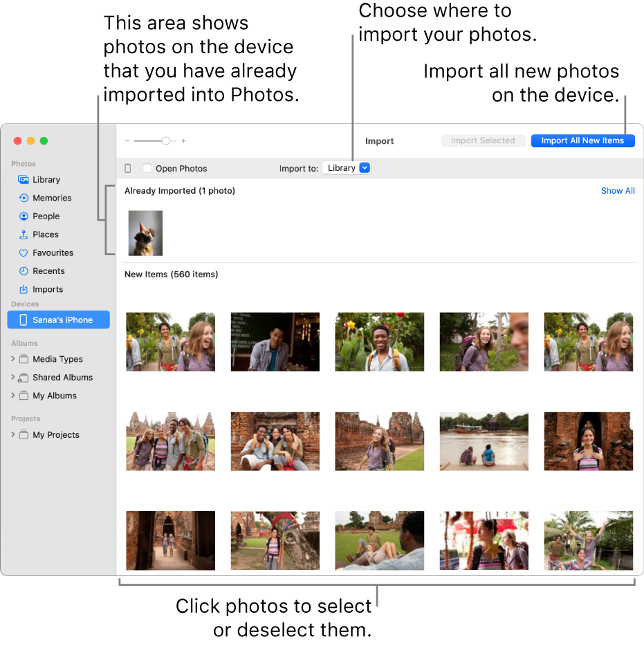Photos on the device that you’ve already imported are shown at the top of the pane; new photos are at the bottom. At the top centre is the “Import to” pop-up menu. The Import All New Items button is at the top right.
