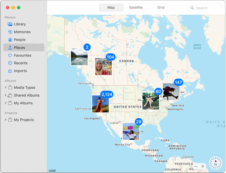 The Photos window showing a map with photo thumbnails grouped by location.