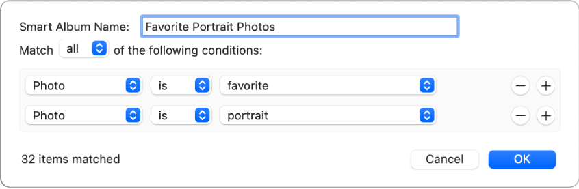 A dialog showing criteria for a Smart Album that collects portrait photos that have been marked as favorites.