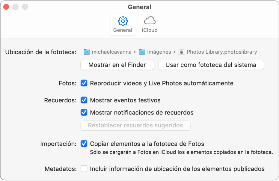 El panel General de las preferencias de Fotos.