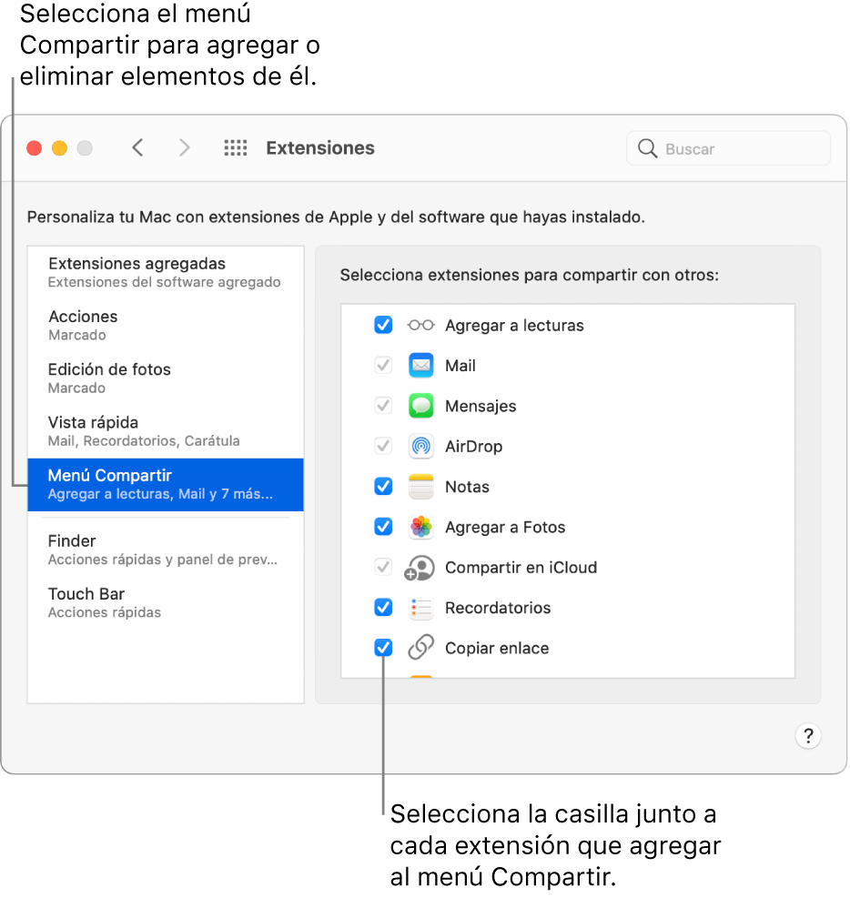 El panel Extensiones de Preferencias del Sistema mostrando el menú Compartir seleccionado y una lista de extensiones de terceros a la derecha.