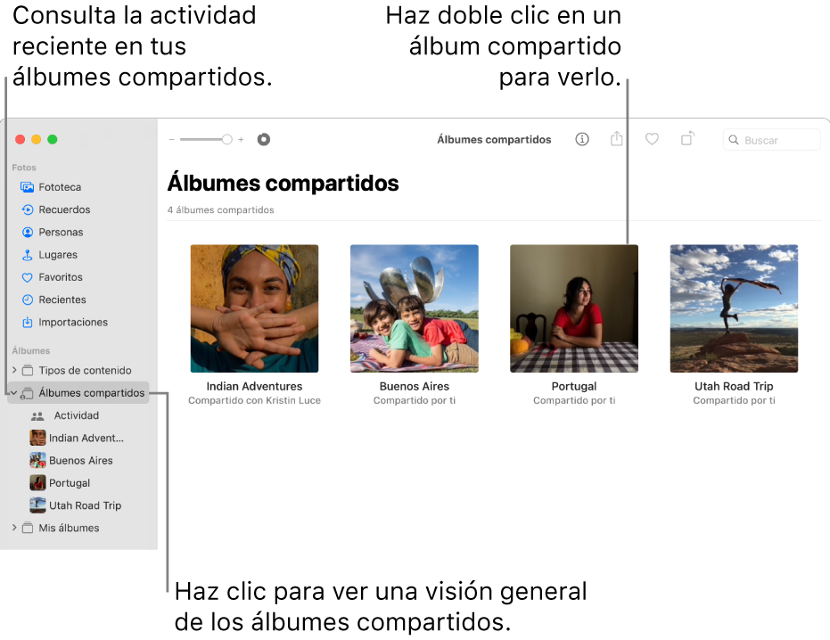 La ventana Fotos con “Álbumes compartidos” seleccionado en la barra lateral y los álbumes compartidos mostrados a la derecha.