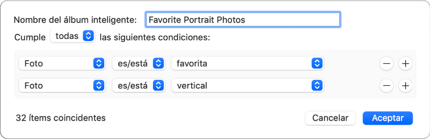 Un cuadro de diálogo que muestra los criterios de un álbum inteligente, que incluye los retratos marcados como favoritos.