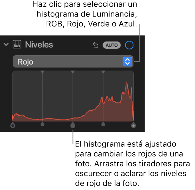 Los controles de Niveles en el panel Ajustar, que muestra el histograma en Rojo con tiradores en la parte inferior para ajustar los niveles de rojo de la foto.