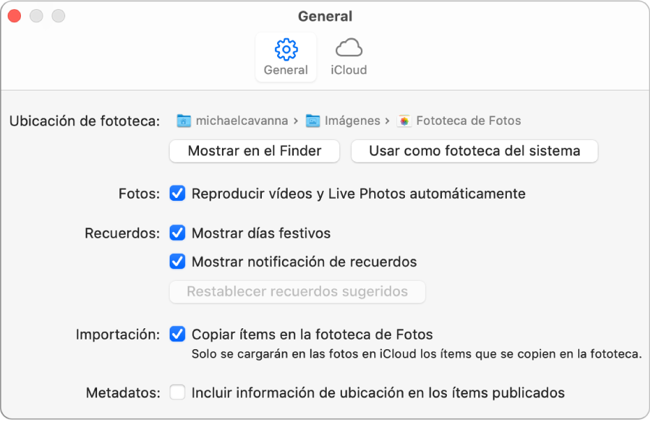 El panel General de las preferencias de Fotos.