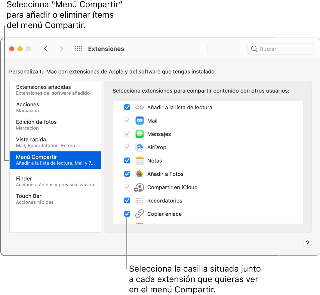 El panel Extensiones de Preferencias del Sistema con el menú Compartir seleccionado y una lista de las extensiones de terceros en la parte derecha.