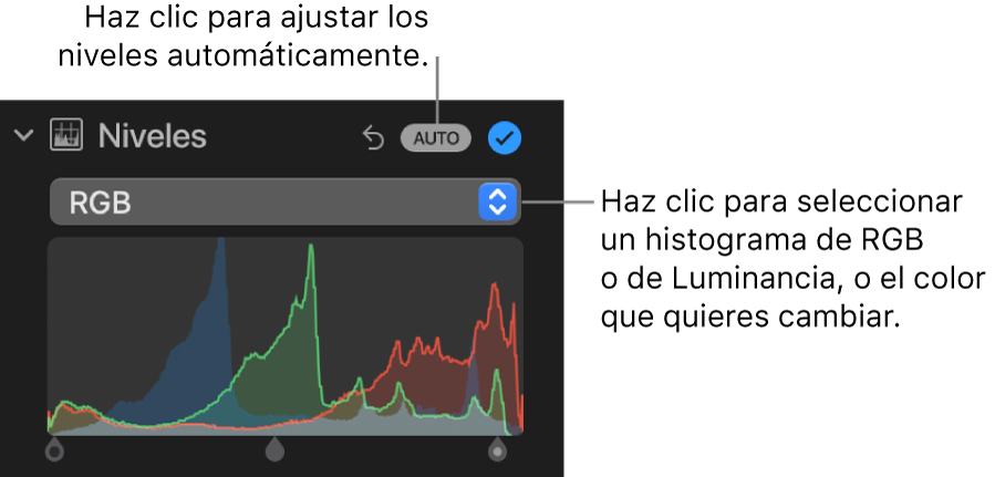 Los controles de Niveles en el panel Ajustar, con el botón Automático en la sección superior derecha y el histograma en RGB debajo.