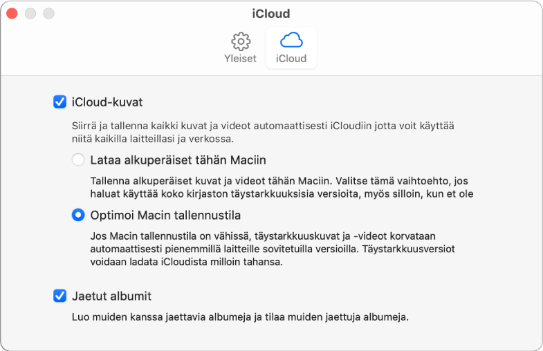 Kuvat-asetusten iCloud-osio.