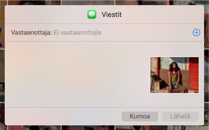 Valintaikkuna vastaanottajien lisäämistä varten jaettaessa kuvia Kuvat-apista käyttämällä Viestit-appia.