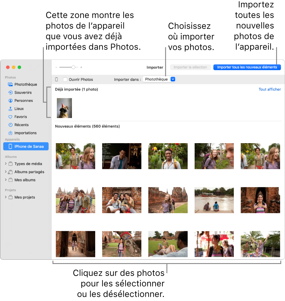 Les photos présentes sur l’appareil que vous avez déjà importées apparaissent en haut de la sous-fenêtre. Les nouvelles photos apparaissent en bas. En haut et au centre se trouve le menu contextuel « Importer vers ». Le bouton Importer tous les nouveaux éléments se trouve en haut à droite.