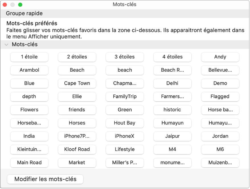 Des mots-clés dans la fenêtre « Gestionnaire de mots-clés ».