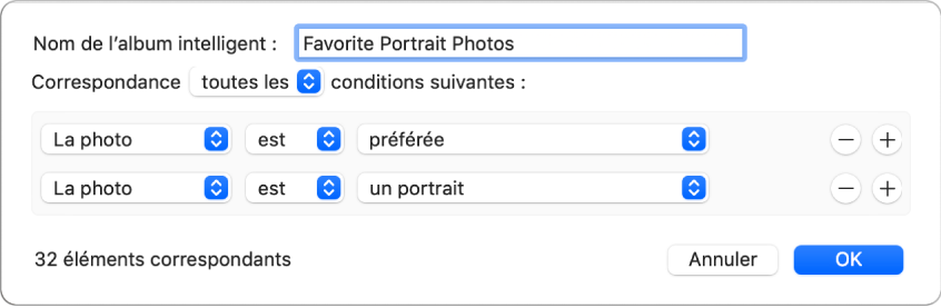 Une zone de dialogue montrant des critères pour un album intelligent qui recueille des photos en mode portrait qui ont été marquées comme favorites.