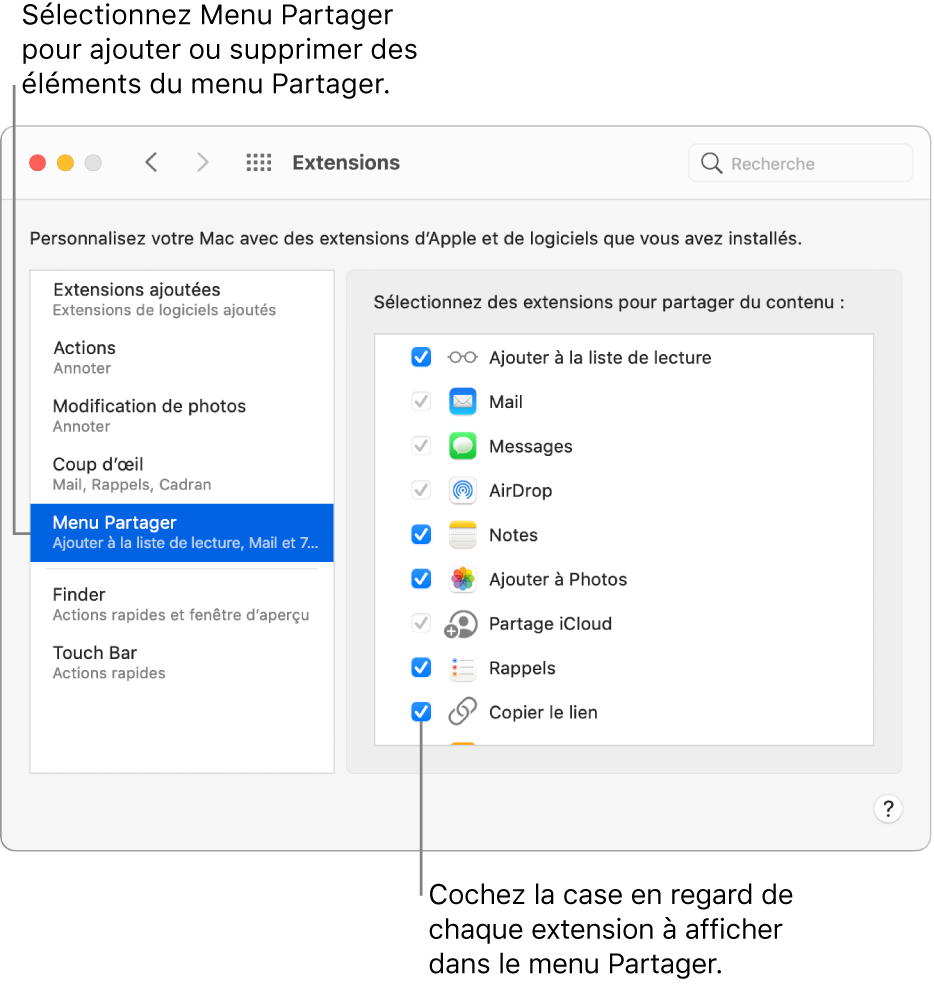 La sous-fenêtre Extensions des Préférences Système présentant l’option Menu partagé sélectionnée et une liste d’extensions tierces sur la droite.