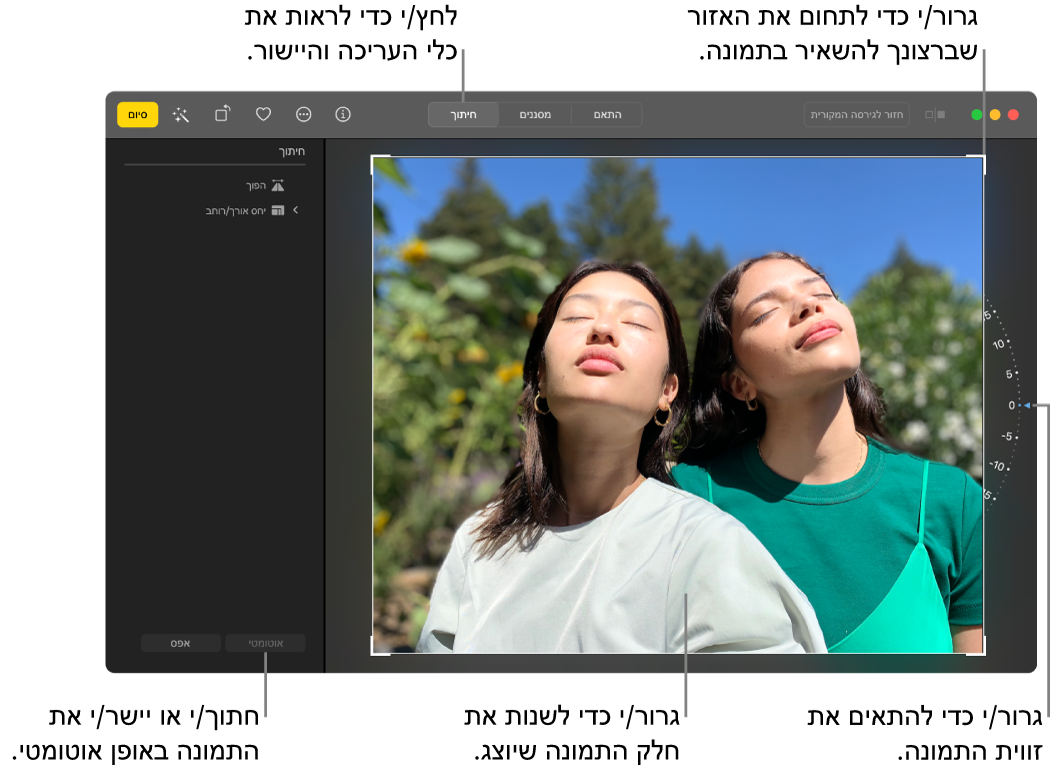 תמונה בתצוגת עריכה כאשר ״חיתוך״ נבחר בסרגל הכלים, מלבן בחירה מקיף את התמונה, גלגל הטיה מופיע משמאל לתמונה וכפתור ״אוטומטי״ משמאל למטה.
