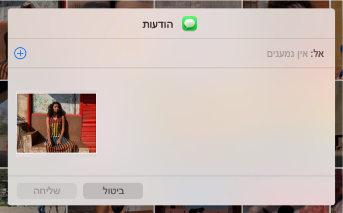 תיבת דו-שיח להוספת נמענים בעת שיתוף תמונות מהיישום ״תמונות״ באמצעות ״הודעות״.