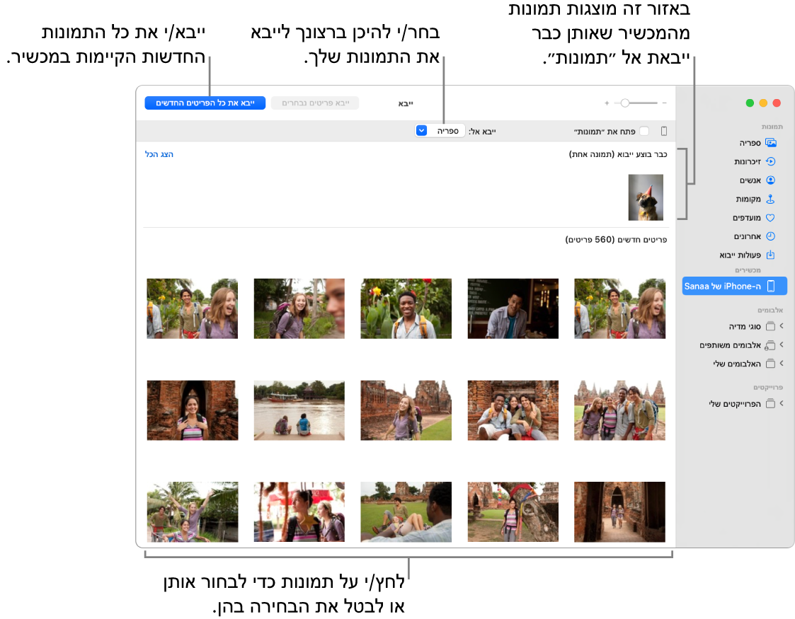 תמונות במכשיר שכבר ייבאת מוצגות בראש החלונית; תמונות חדשות מוצגות בתחתית. בחלק העליון המרכזי, מופיעה התפריט הקופצני ״ייבא אל״. הכפתור ״ייבא את כל הפריטים החדשים״ מופיע בפינה השמאלית העליונה.