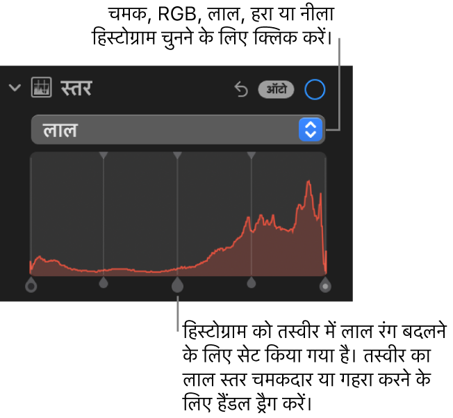 तस्वीर का रेड लेवल ऐडजस्ट करने के लिए नीचे की ओर दिए गए हैंडल वाला रेड हिस्टोग्राम दिखाता ऐडजस्ट करें पेन में स्तर नियंत्रण।