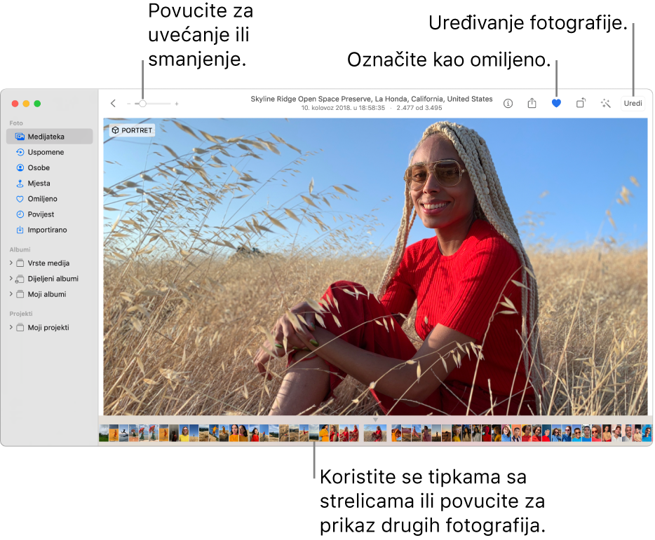 Prozor aplikacije Foto s prikazom uvećane fotografije na desnoj strani i redom minijatura ispod nje. Alatna traka na vrhu uključuje kliznik za zumiranje, tipku Omiljeno i tipku Uredi.