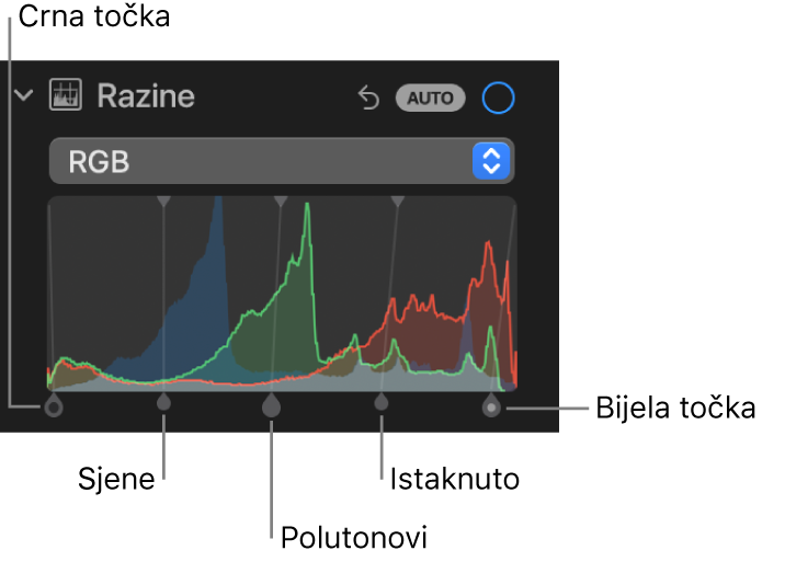 Kontrole Razine u prozoru Prilagodi s prikazom RGB histogram s hvatištima ispod, uključujući (slijeva nadesno) crnu točku, sjene, srednje tonove, svijetla područja i bijelu točku.