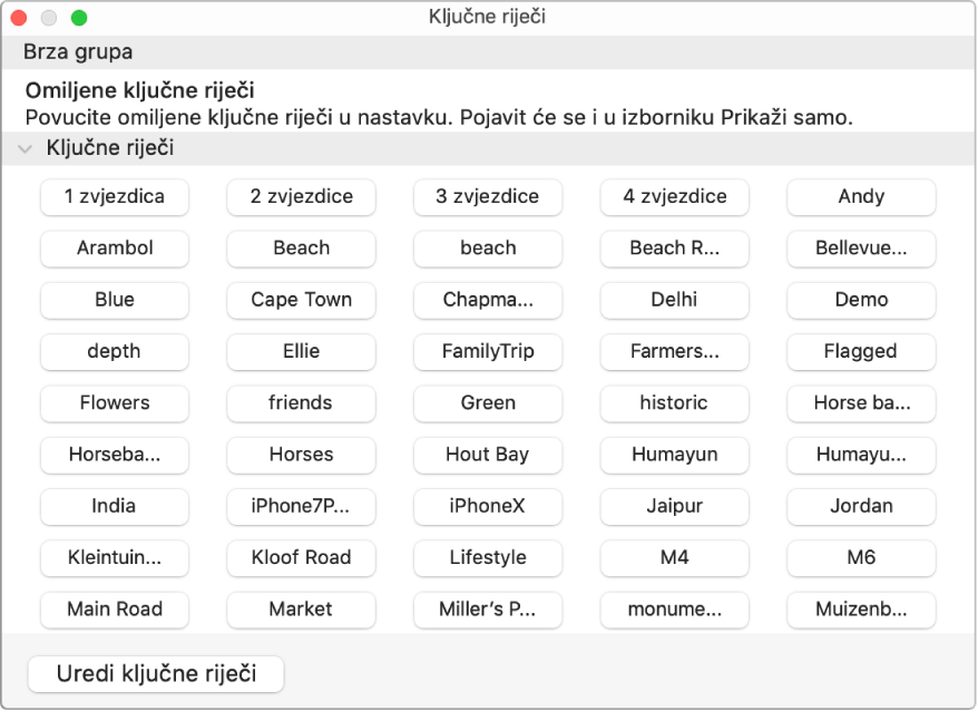 Ključne riječi u prozoru Upravitelja ključnih riječi.