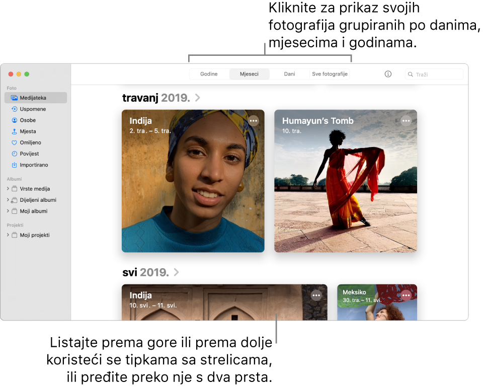 Prozor aplikacije Foto koji prikazuje Mjesece odabrane u alatnoj traci i fotografije organizirane po mjesecu koje se pojavljuju u glavnom dijelu prozora.