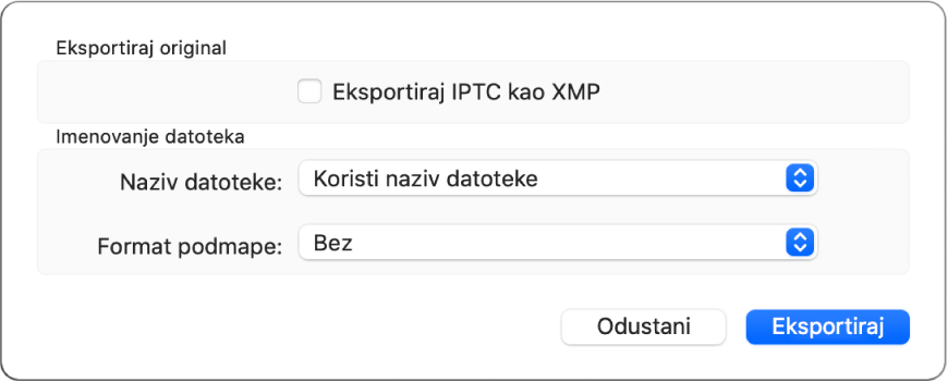 Dijalog s prikazom opcija za eksportiranje datoteka s fotografijama u njihovom originalnom formatu.