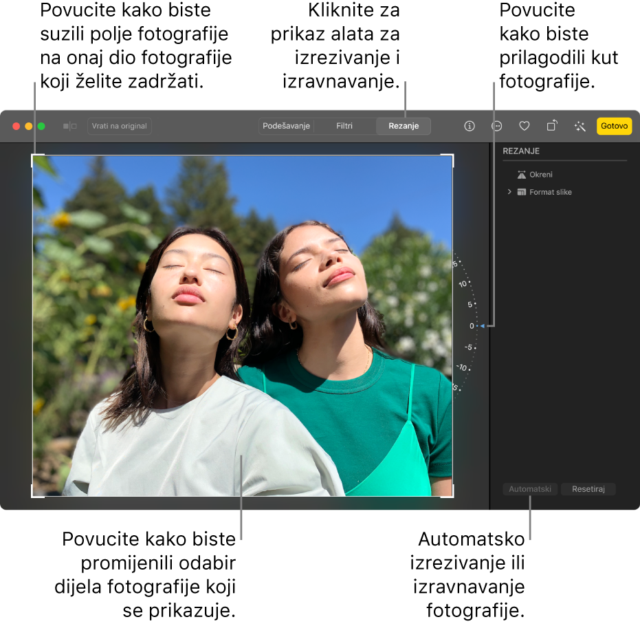 Fotografija u prikazu za uređivanje, odabrana je opcija Izreži u alatnoj traci, pravokutnik odabira nalazi se oko fotografije, nagibni kotačić nalazi se zdesna fotografije, a tipka Auto nalazi se u donjem desnom kutu.