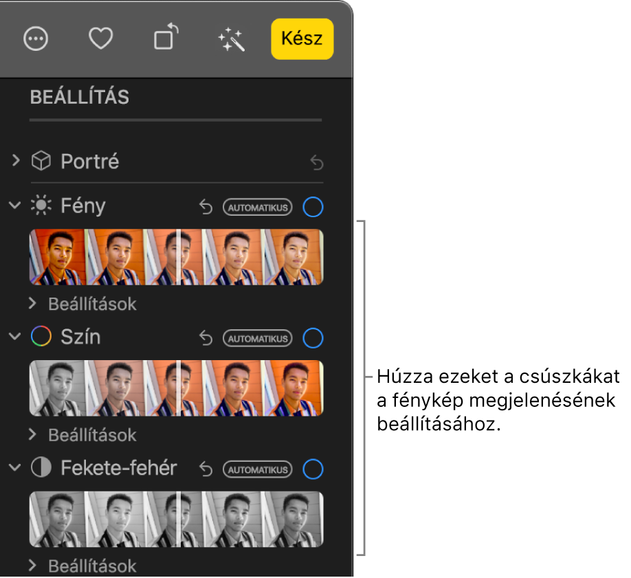 A Fény, Szín és Fekete-fehér csúszkák a Beállítás panelen. Minden egyes csúszka mellett megjelenik az Automatikus gomb.