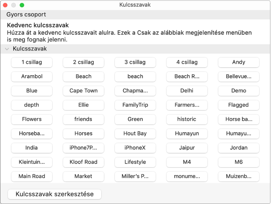 Kulcsszavak a Kulcsszókezelő ablakban.