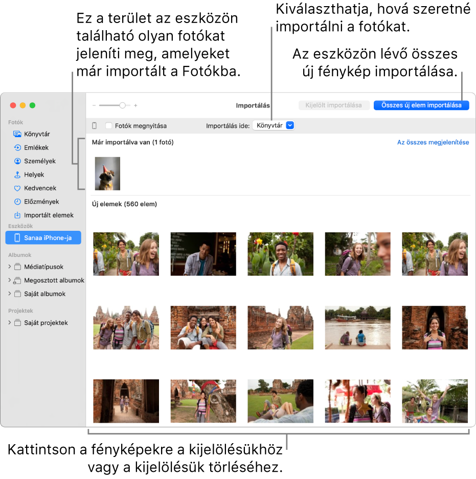 Az eszközön lévő, már importált fotók a panel tetején jelennek meg; az új fotók az alján. Fent középen található az Importálás ide felugró menü. Az Összes új elem importálása gomb jobb oldalon fent található.