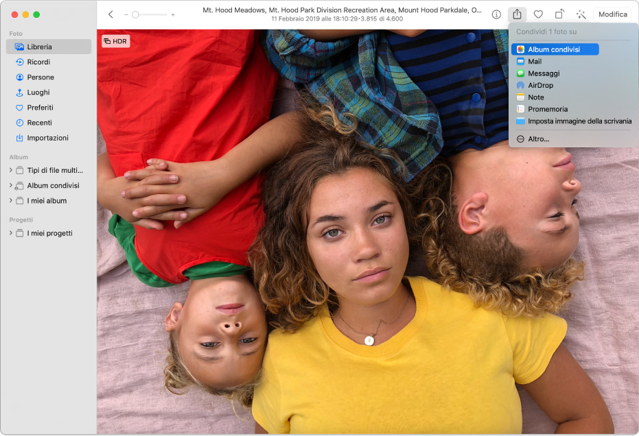 Finestra di Foto che mostra una foto e il menu Condividi con il comando “Album condivisi” selezionato.
