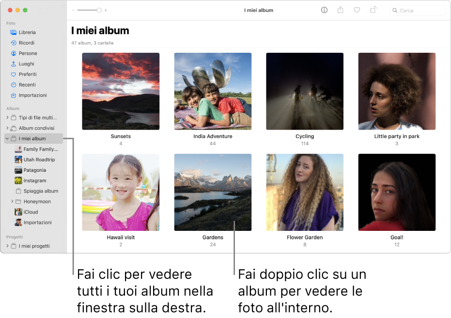 La finestra Foto con la cartella “I miei album” selezionata sulla barra laterale e gli album creati da te nella finestra a destra.