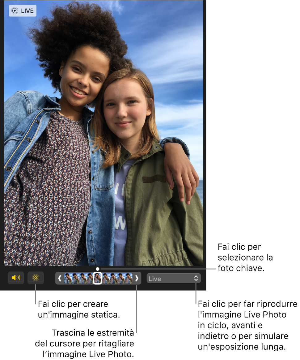 Una Live Photo nella vista di modifica e un cursore sotto di essa con i fotogrammi della foto. I pulsanti Live Photo e Altoparlante sono a sinistra del cursore, mentre a destra è presente un menu a comparsa che puoi utilizzare per aggiungere un effetto di ripetizione, rimbalzo o esposizione lunga.