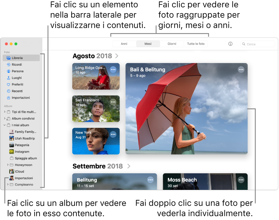 La finestra di Foto che mostra Mesi selezionato nella barra degli strumenti e le foto organizzate per mese che vengono visualizzate nell'area principale della finestra. A sinistra si trova la barra laterale, dove puoi selezionare album e progetti.