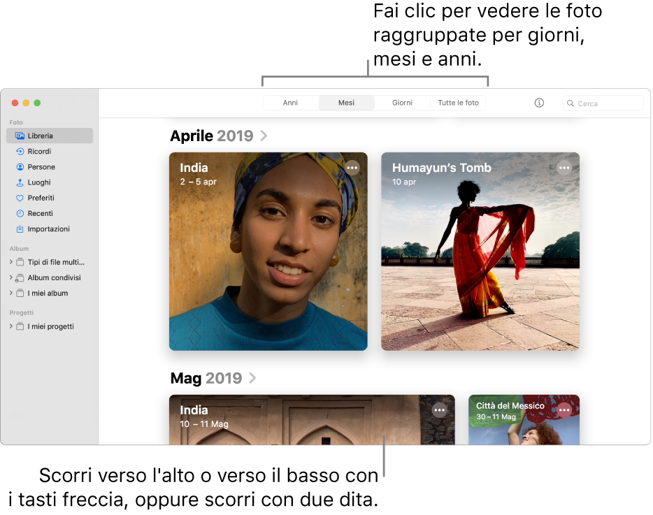 La finestra di Foto che mostra Mesi selezionato nella barra degli  strumenti e le foto organizzate per mese che vengono visualizzate nell'area principale della finestra.
