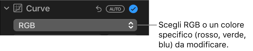 I controlli Curve nel pannello Regola con l'opzione RGB selezionata nel menu a comparsa.