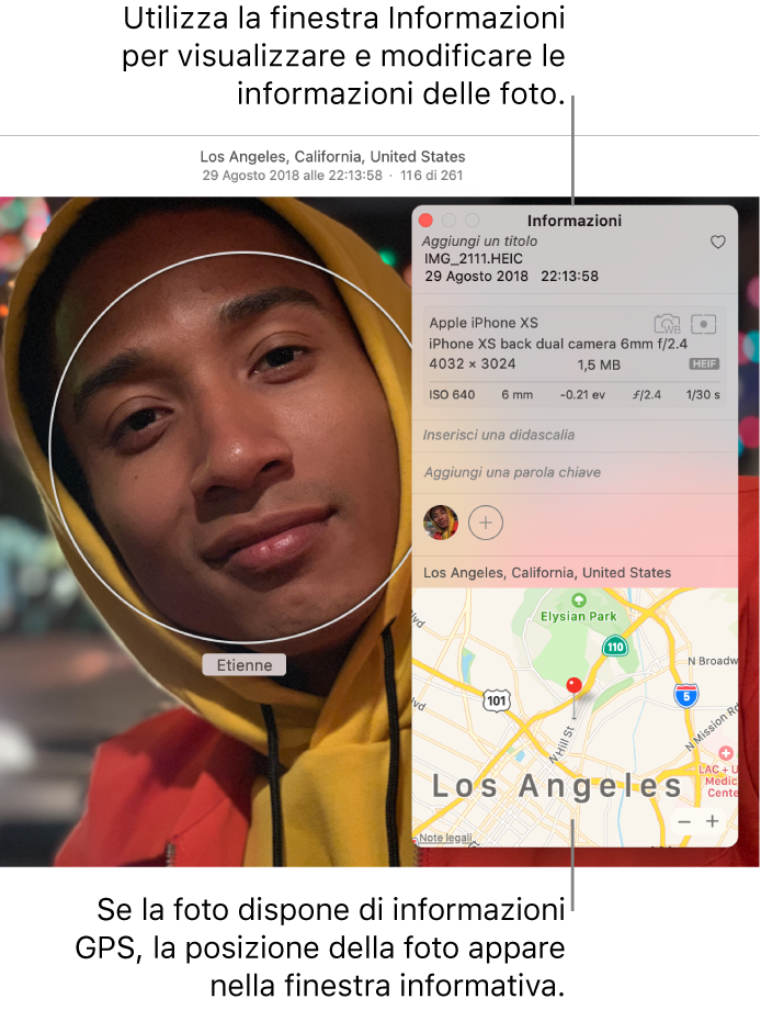 La finestra Informazioni di una foto.