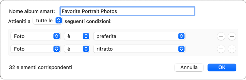 Una finestra di dialogo che mostra i criteri per un album smart che contiene foto ritratto contrassegnate come preferite.