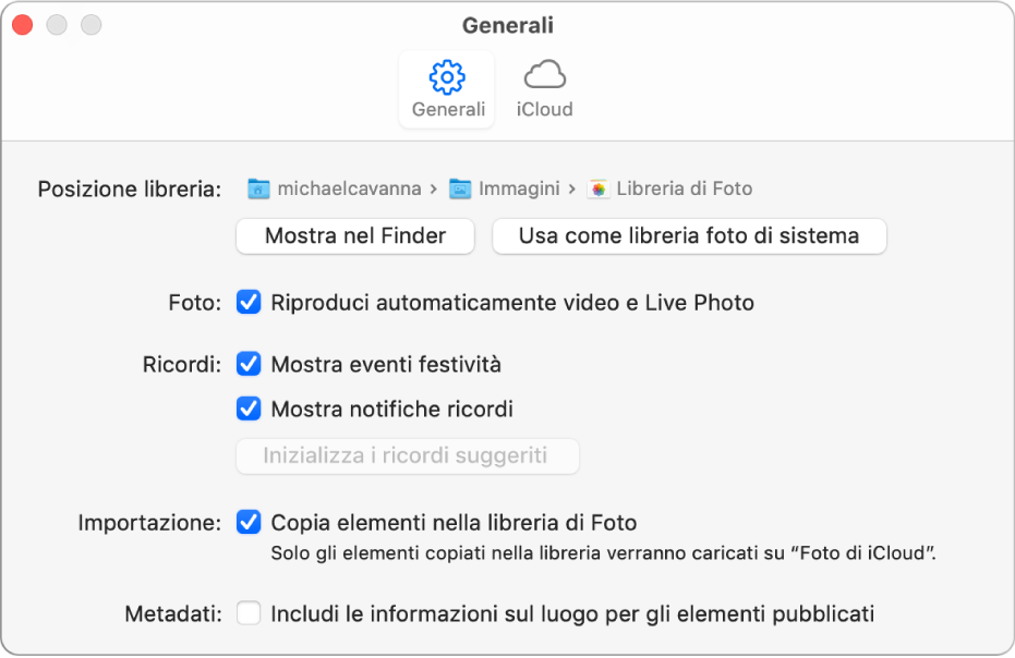Il pannello Generale delle preferenze di Foto.