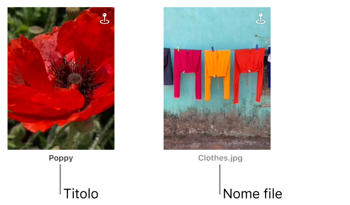 Due foto: una che mostra sotto un titolo, mentre l'altra mostra sotto il nome di un file.