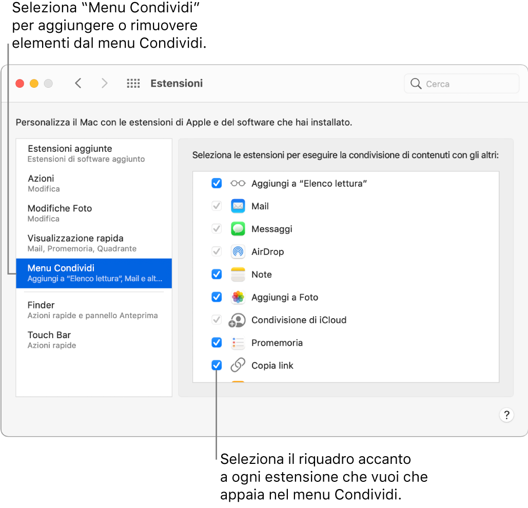 Il pannello Estensioni di Preferenze di Sistema con Menu Condividi selezionato e un elenco di estensioni di terze parti sulla destra.