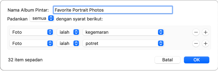 Dialog menunjukkan kriteria untuk Album Pintar yang mengumpul foto potret yang telah ditandakan sebagai kegemaran.