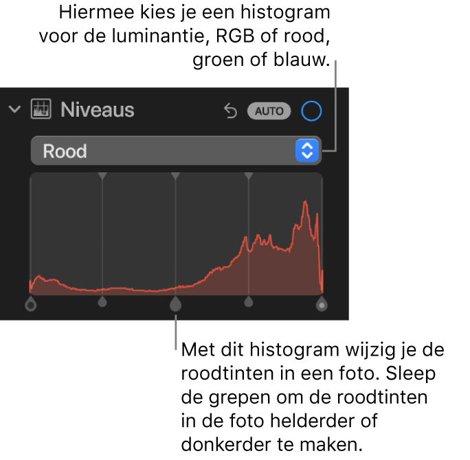 De niveauregelaars in het paneel 'Pas aan', met het histogram 'Rood' met daaronder grepen waarmee je de roodniveaus van de foto aanpast.