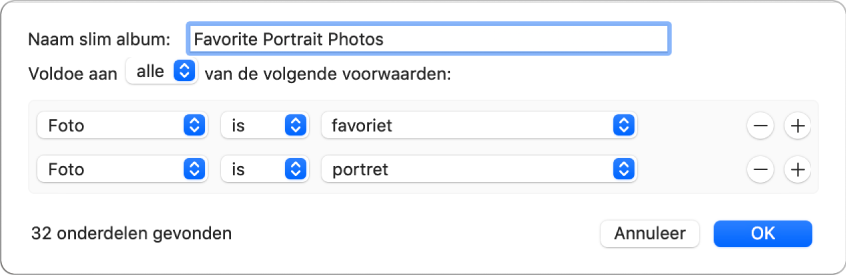 Een dialoogvenster met criteria voor een slim album met portretfoto's die als favoriet zijn gemarkeerd.